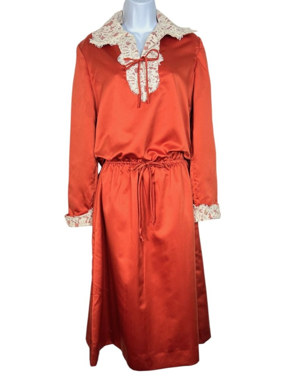 Vintage 1970s OOAK Handmade Orange Satin Lace Collar Dress medium